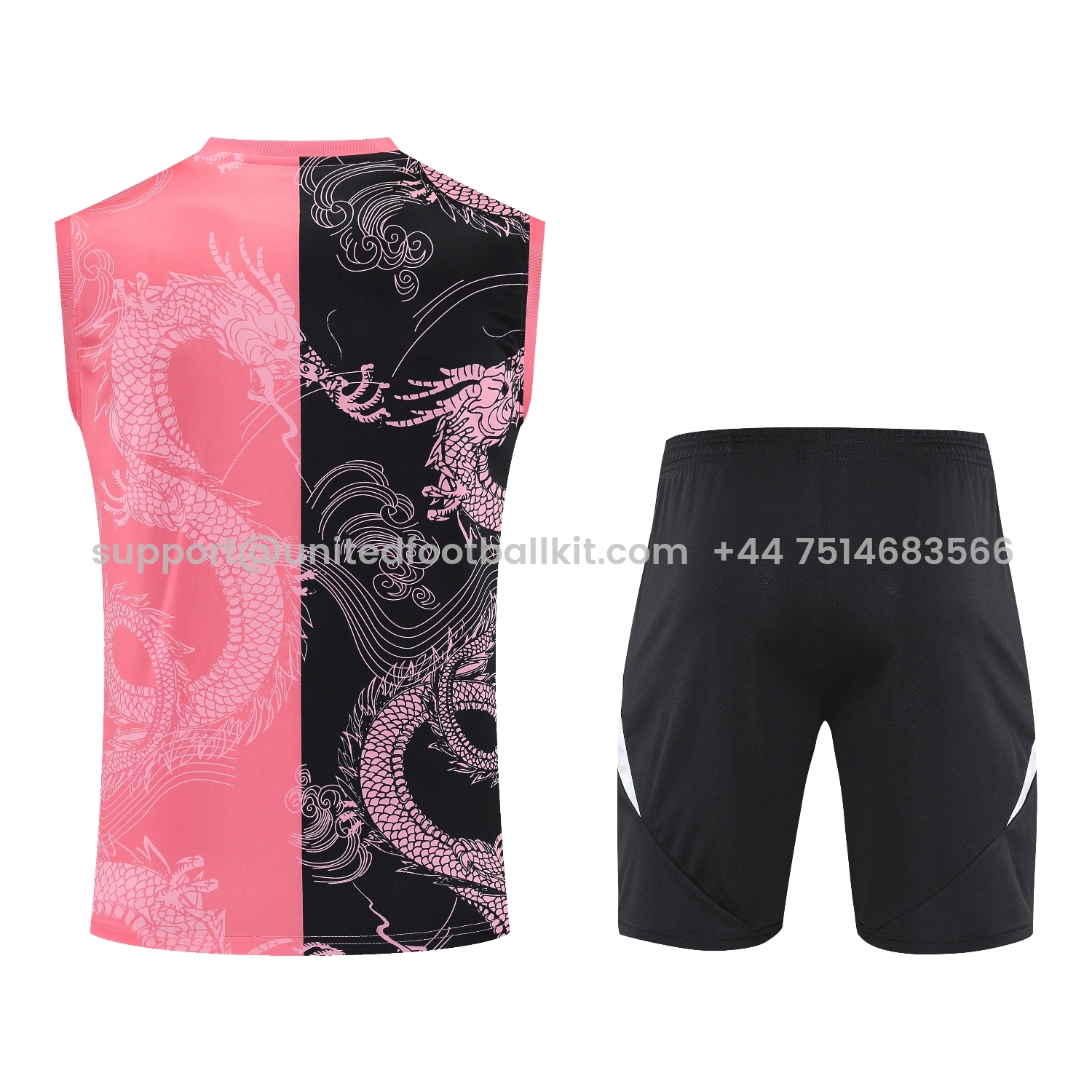 Unitedfootballkit.com | Real Madrid 25-26 Vest Training Set - Pink-Black Dragon Vest & Black-White Shorts -Customize Name, Number and Patch | Worldwide Shipping
