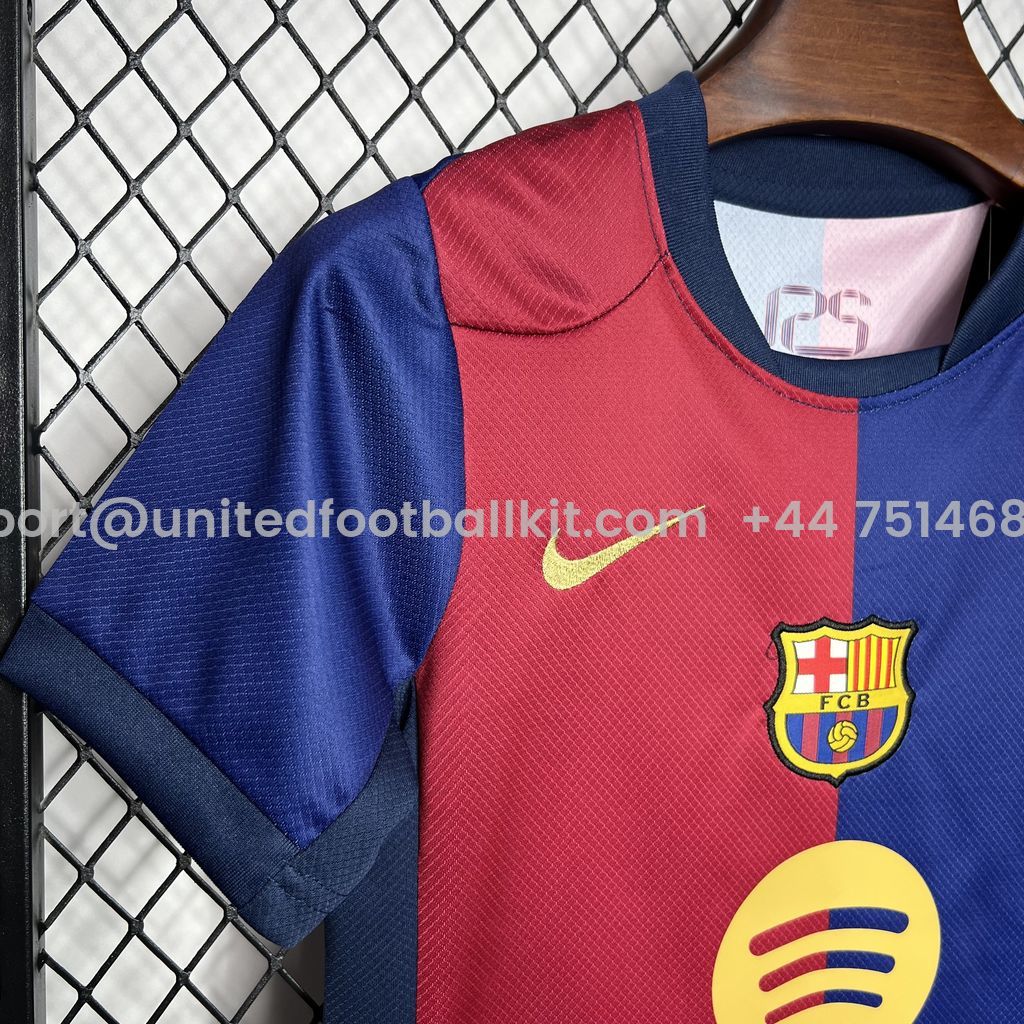 Unitedfootballkit.com | Barcelona 24-25 Home Stadium Kids Kit with Big Logo -Customize Name, Number and Patch | Worldwide Shipping
