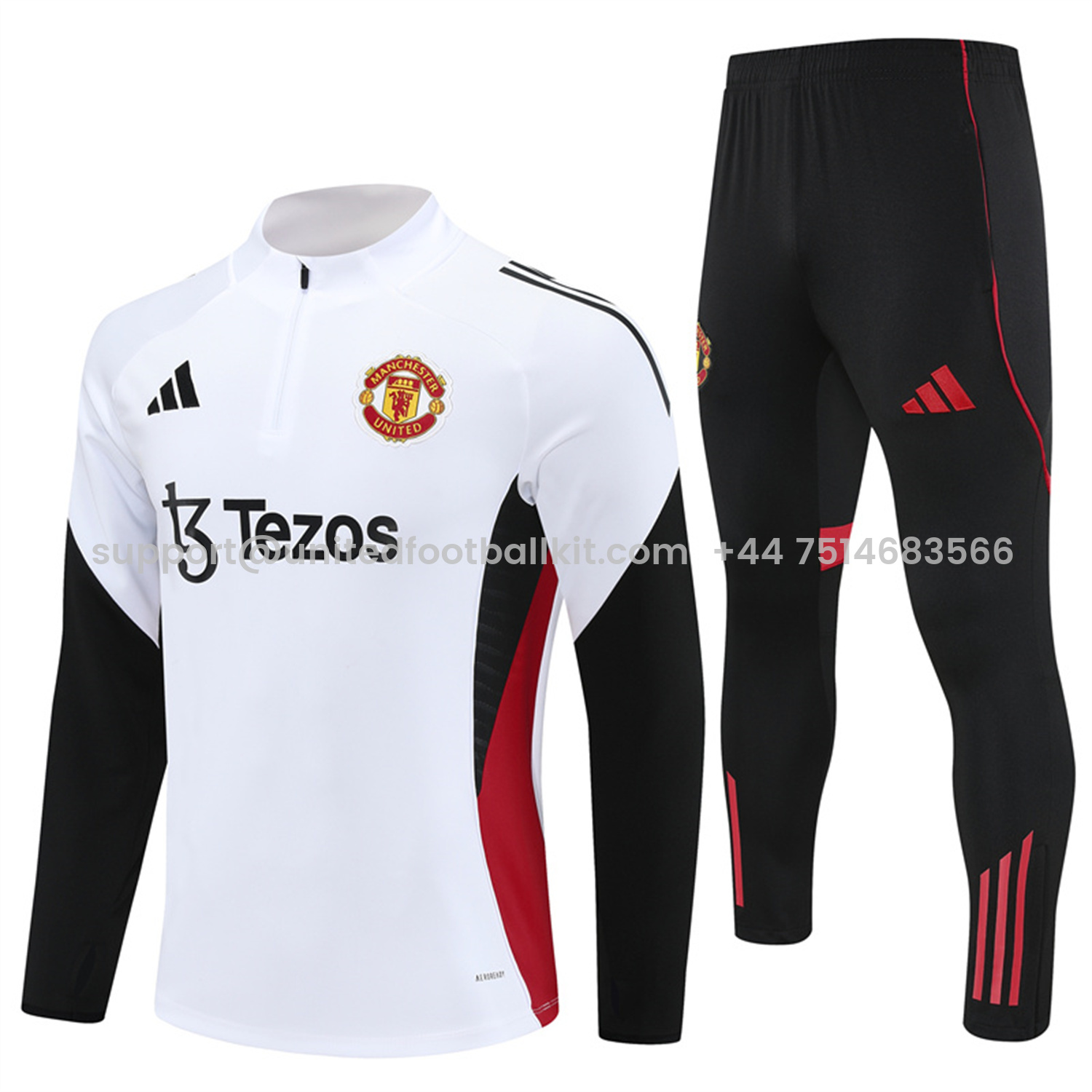 Unitedfootballkit.com | Manchester United 25-26 Long Sleeves Training Set - White Top & Black Pants -Customize Name, Number and Patch | Worldwide Shipping