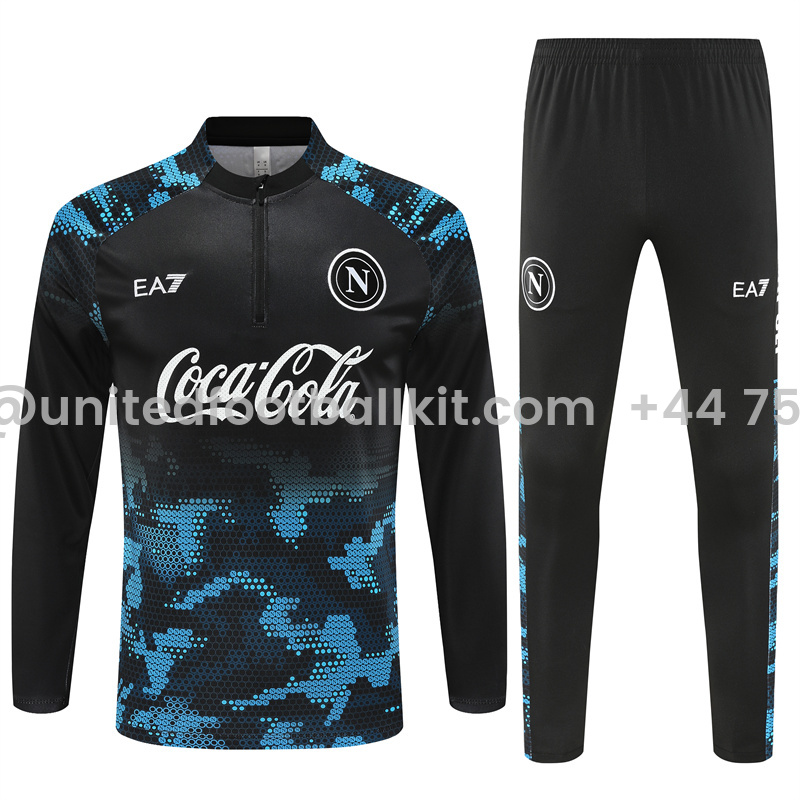 Unitedfootballkit.com | Napoli 24-25 Kids Long Sleeve Training Set - Black Blue -Customize Name, Number and Patch | Worldwide Shipping
