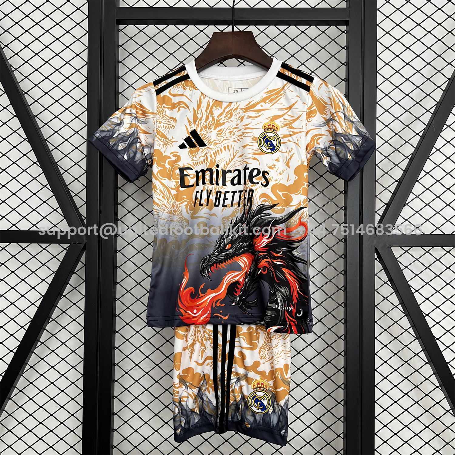 Unitedfootballkit.com | Real Madrid 25-26 Orange And Black Dragon Special Kids Kit -Customize Name, Number and Patch | Worldwide Shipping