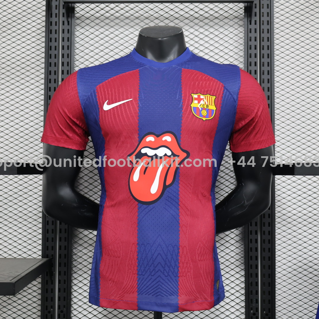 Unitedfootballkit.com | Barcelona X RS Iconic Tongue Jersey - Player Version -Customize Name, Number and Patch | Worldwide Shipping