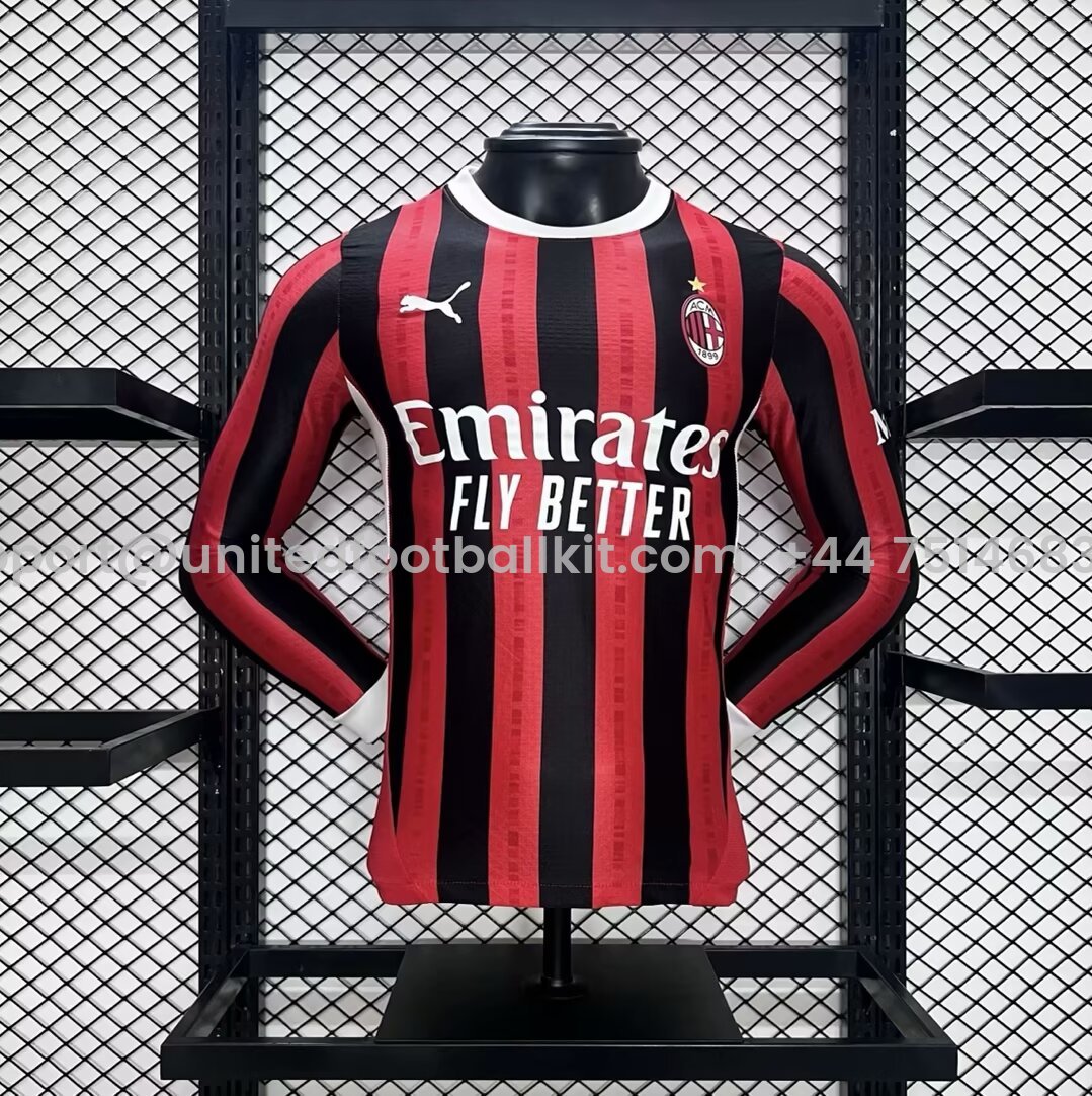 Unitedfootballkit.com | AC Milan 24-25 Home Long Sleeve Jersey - Player Version -Customize Name, Number and Patch | Worldwide Shipping
