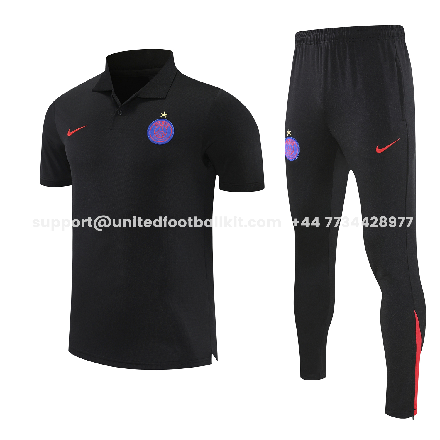 Unitedfootballkit.com | Paris Saint-Germain PSG 25-26 POLO Short-Sleeve Training Set - Black Top and Pants -Customize Name, Number and Patch | Worldwide Shipping
