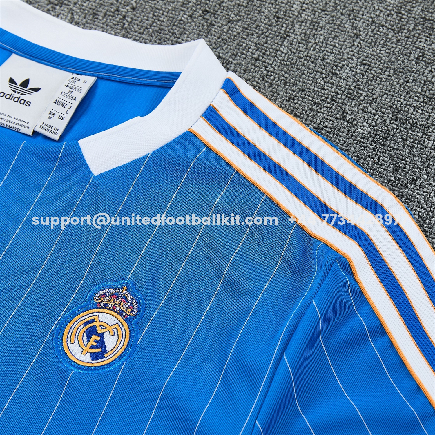 Unitedfootballkit.com | Real Madrid 25-26 Retro Style Short-Sleeve Training Set - Blue With White Stripes Top & Pants -Customize Name, Number and Patch | Worldwide Shipping