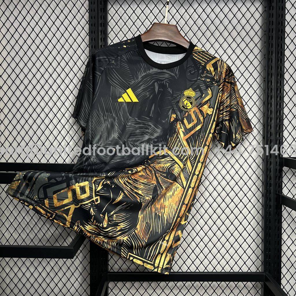 Unitedfootballkit.com | Real Madrid 24-25 Black and Gloden Lion Jersey - Fans Version -Customize Name, Number and Patch | Worldwide Shipping