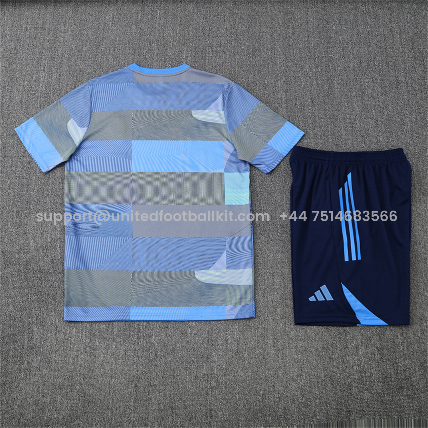 Unitedfootballkit.com | Real Madrid 25-26 Pre-Match Short-Sleeve Training Set - Blue-Gray Camouflage Top and Blue Shorts -Customize Name, Number and Patch | Worldwide Shipping