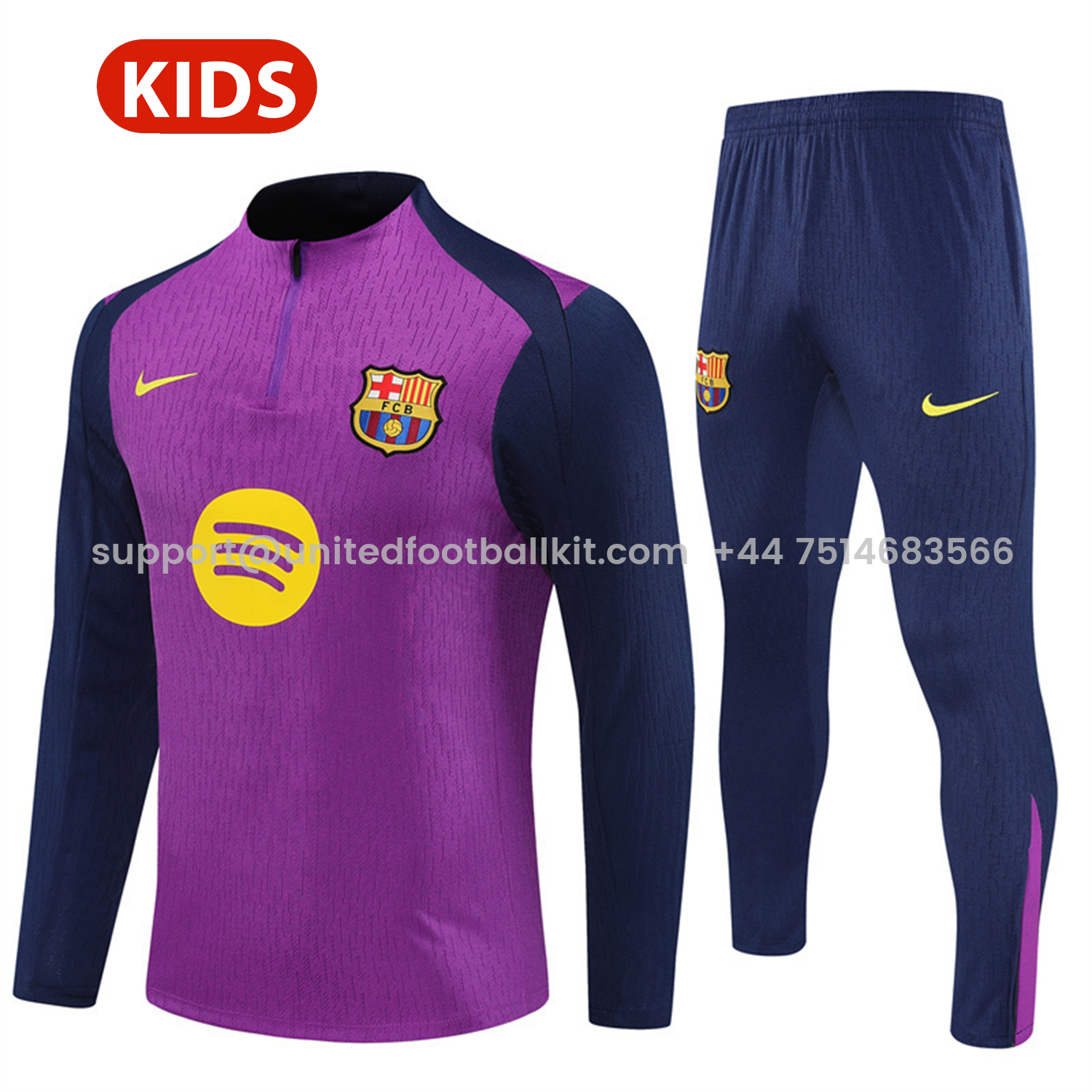 Unitedfootballkit.com | Barcelona 25-26 Kids Long Sleeve Training Set - Purple Top & Deep Blue Pants -Customize Name, Number and Patch | Worldwide Shipping