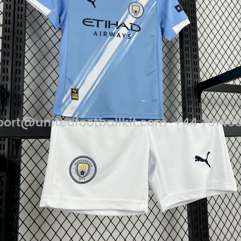 Unitedfootballkit.com | Manchester City 25-26 Home Kids Kit -Customize Name, Number and Patch | Worldwide Shipping