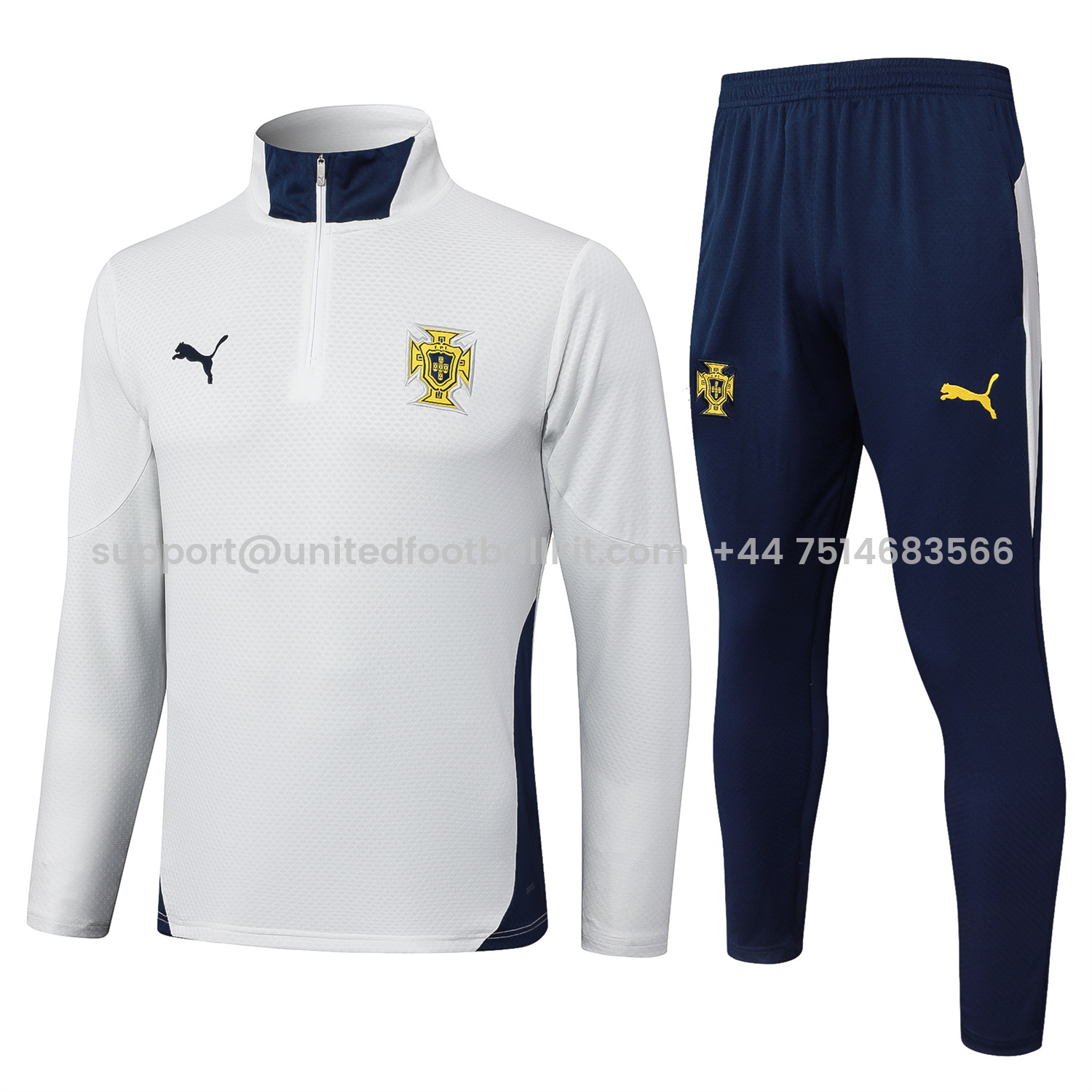 Unitedfootballkit.com | Portugal 25-26 Long Sleeve Training Set - Off White Top and Deep Blue Pants -Customize Name, Number and Patch | Worldwide Shipping