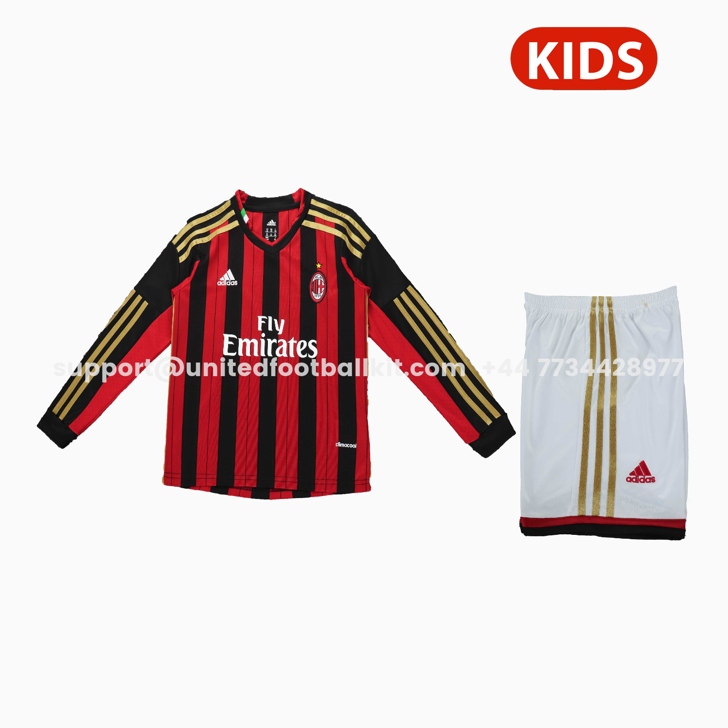 Unitedfootballkit.com | Retro AC Milan 2013-14 Home Long Sleeves Kids Kit -Customize Name, Number and Patch | Worldwide Shipping