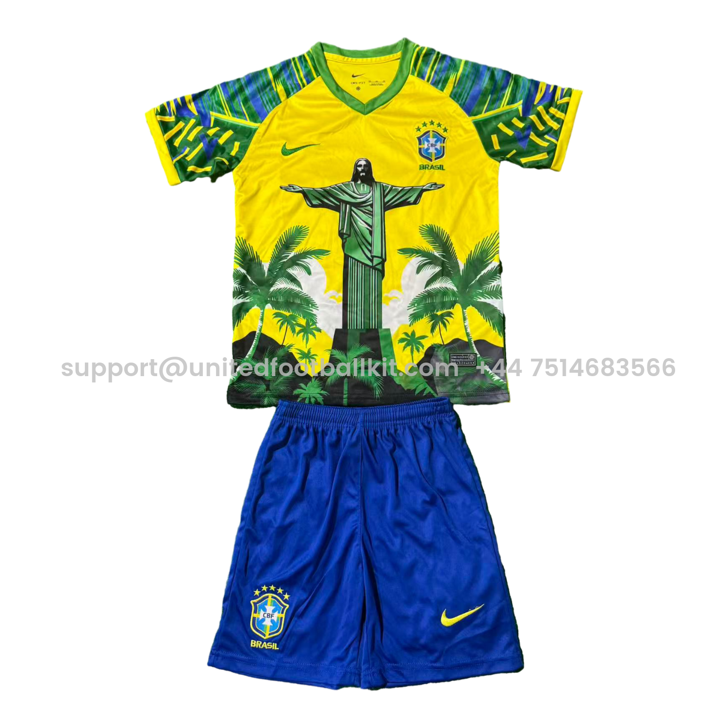 Unitedfootballkit.com | Brazil 25-26 Green Jesus Yellow Special Kids Kit -Customize Name, Number and Patch | Worldwide Shipping