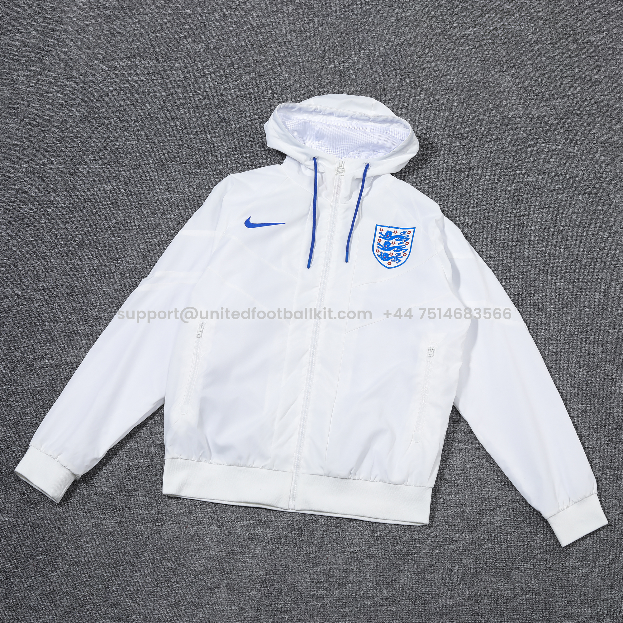 Unitedfootballkit.com | England 2024 National Team Anthem White Hooded Windbreaker - Player Version -Customize Name, Number and Patch | Worldwide Shipping