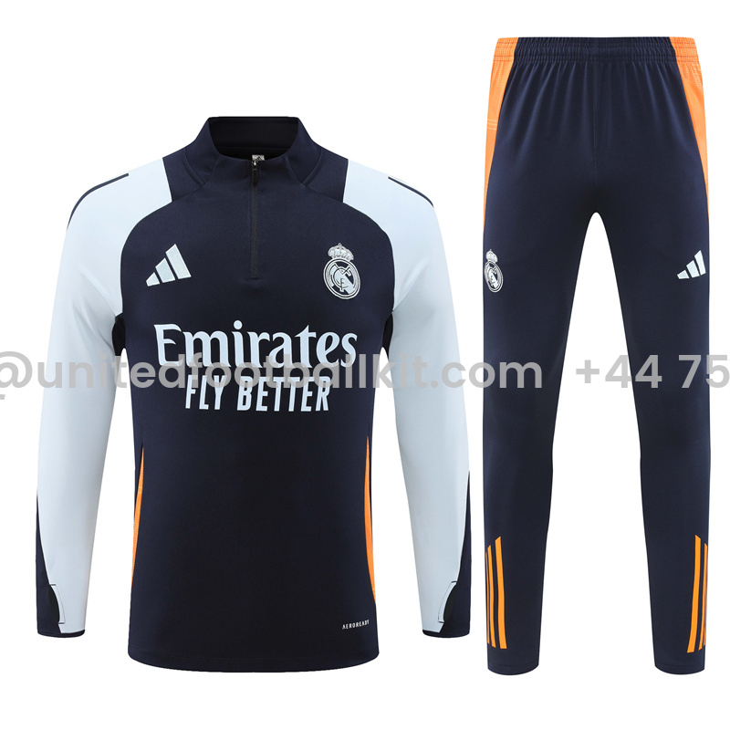 Unitedfootballkit.com | Real Madrid 24-25 Long Sleeve Training Set - Deep Blue -Customize Name, Number and Patch | Worldwide Shipping