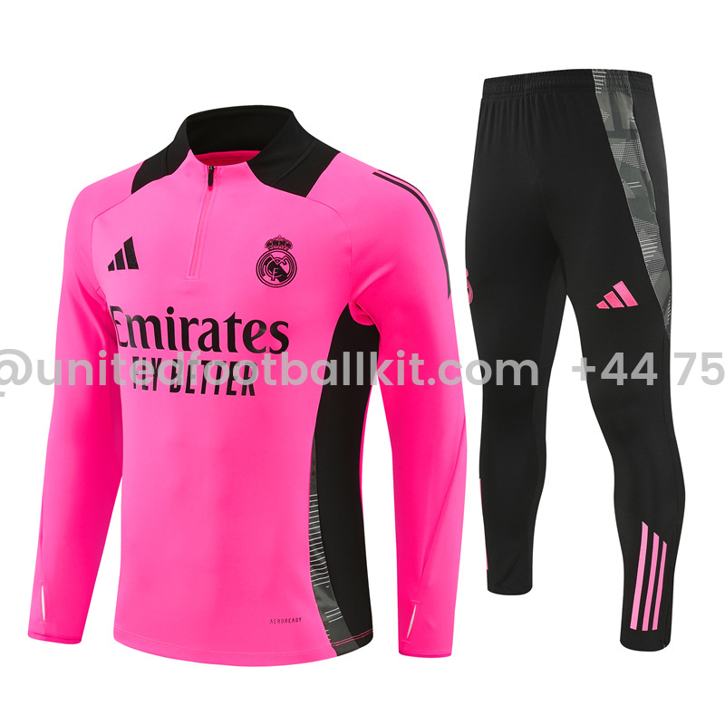 Unitedfootballkit.com | Real Madrid 24-25 Long Sleeve Training Set - Rose Red -Customize Name, Number and Patch | Worldwide Shipping