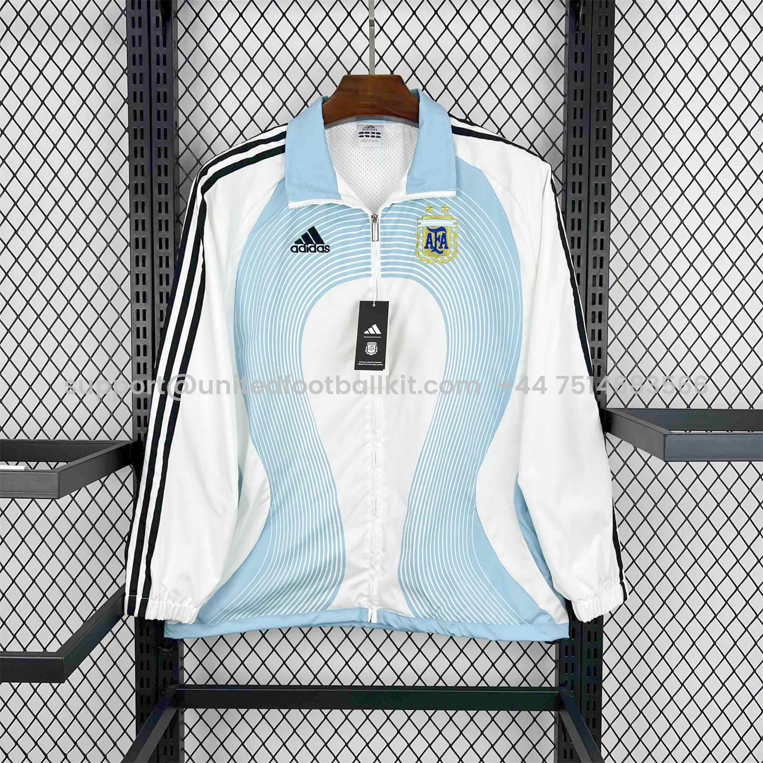 Unitedfootballkit.com | Argentina 25-26 Throwback Windbreaker Jacket - White with Blue Lines -Customize Name, Number and Patch | Worldwide Shipping