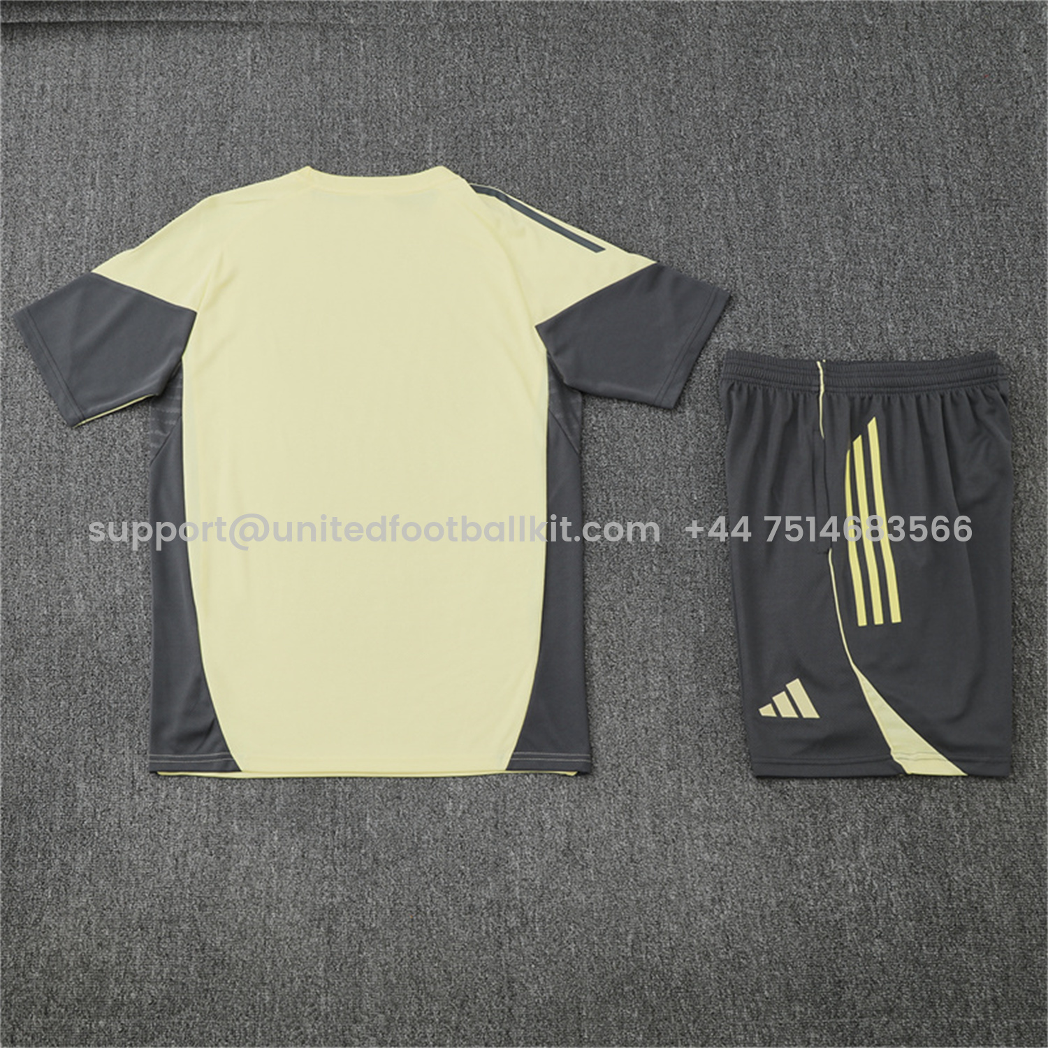 Unitedfootballkit.com | Real Madrid 25-26 Short-Sleeve Training Set - Yellow Top and Grey Shorts -Customize Name, Number and Patch | Worldwide Shipping