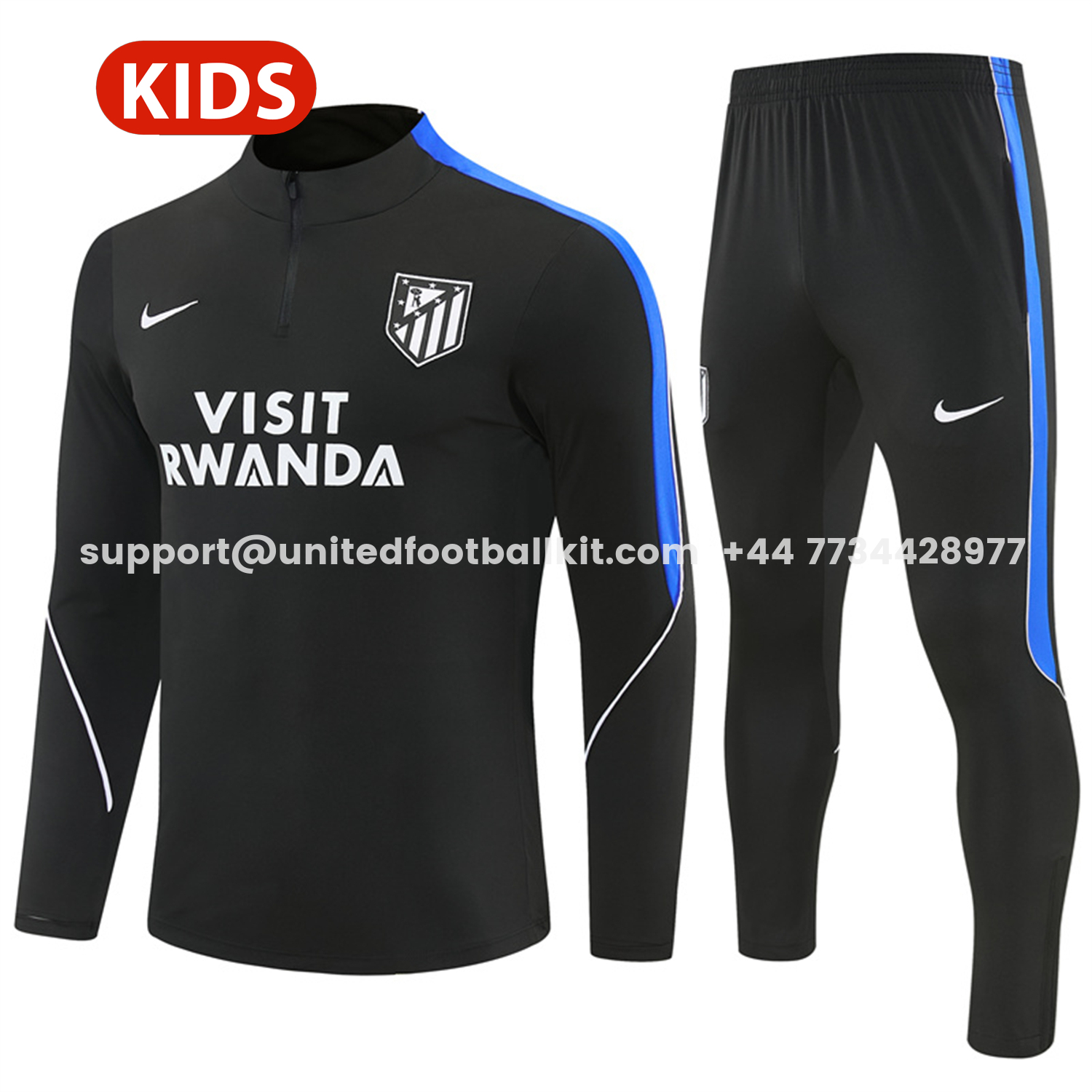 Unitedfootballkit.com | Atletico Madrid 26-27 Kids Long Sleeve Training Set - Black Top & Black Pants -Customize Name, Number and Patch | Worldwide Shipping