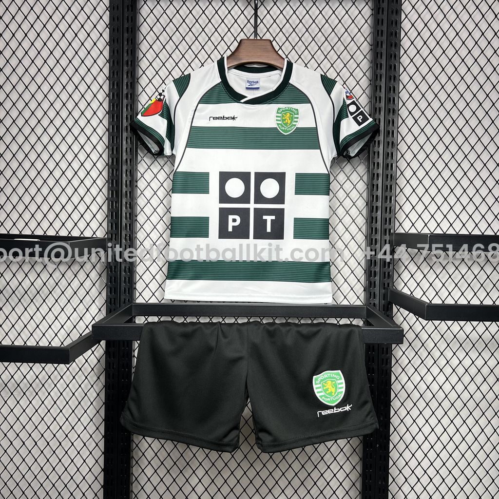 Unitedfootballkit.com | Retro Sporting CP 2001-03 Home Stadium Kids Kit -Customize Name, Number and Patch | Worldwide Shipping