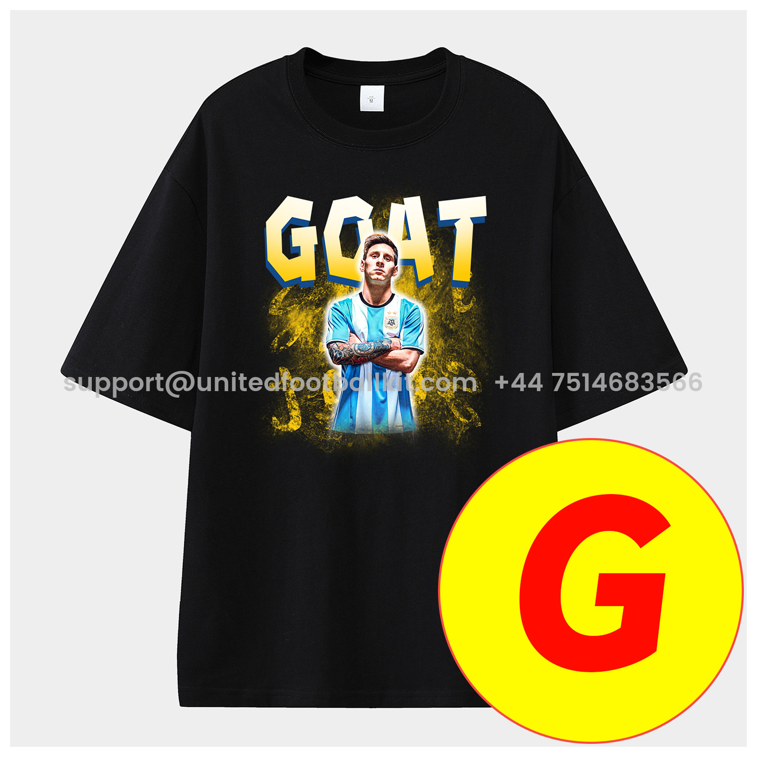 Unitedfootballkit.com | Messi GOAT Argentina Barcelona INT M.A.M Unisex Pure Cotton T-shirt -Customize Name, Number and Patch | Worldwide Shipping