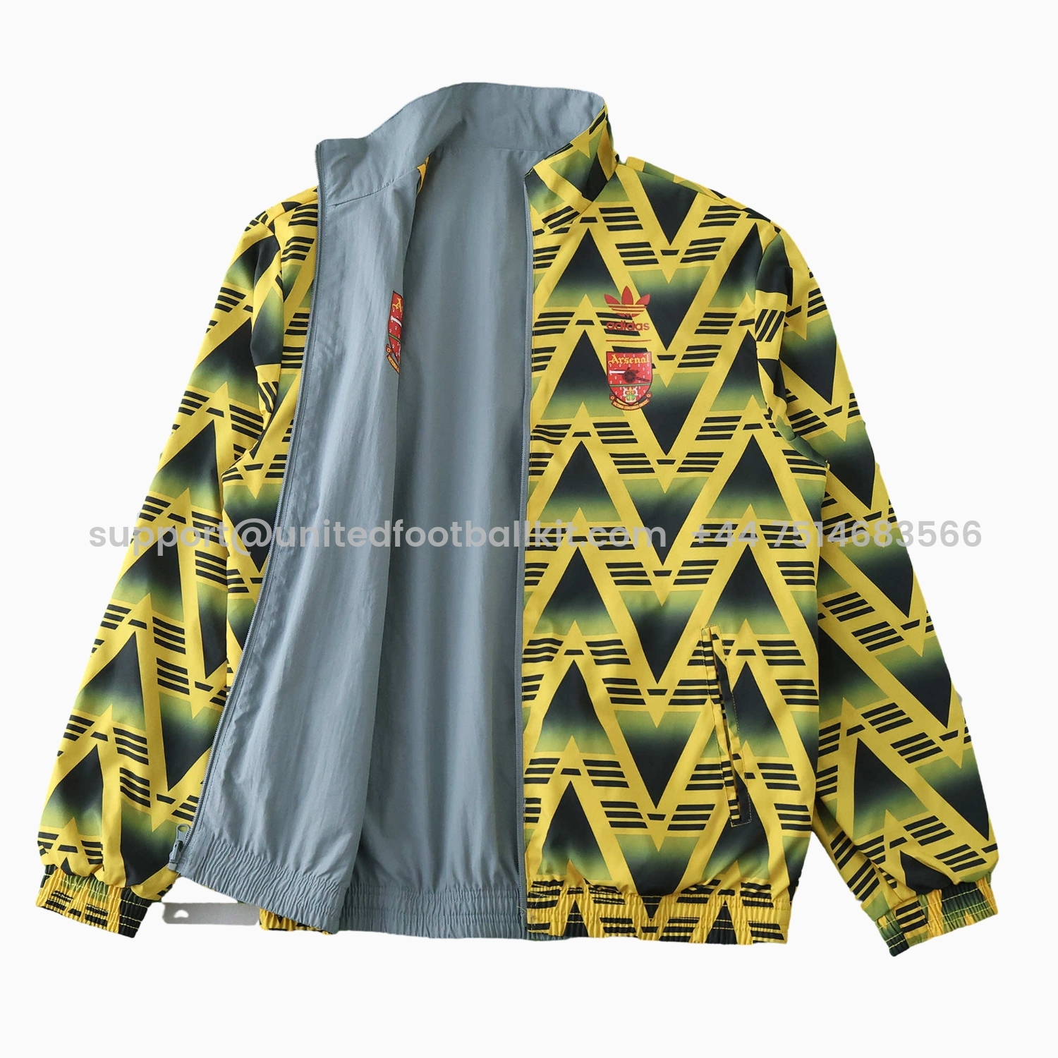Unitedfootballkit.com | Retro Arsenal 1991-93 Away Double Sided Reversible Windbreaker - Yellow & Grey -Customize Name, Number and Patch | Worldwide Shipping