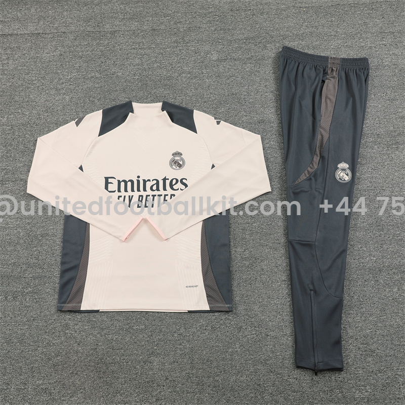Unitedfootballkit.com | Real Madrid 24-25 Long Sleeve Training Set - Player Version - Apricot -Customize Name, Number and Patch | Worldwide Shipping