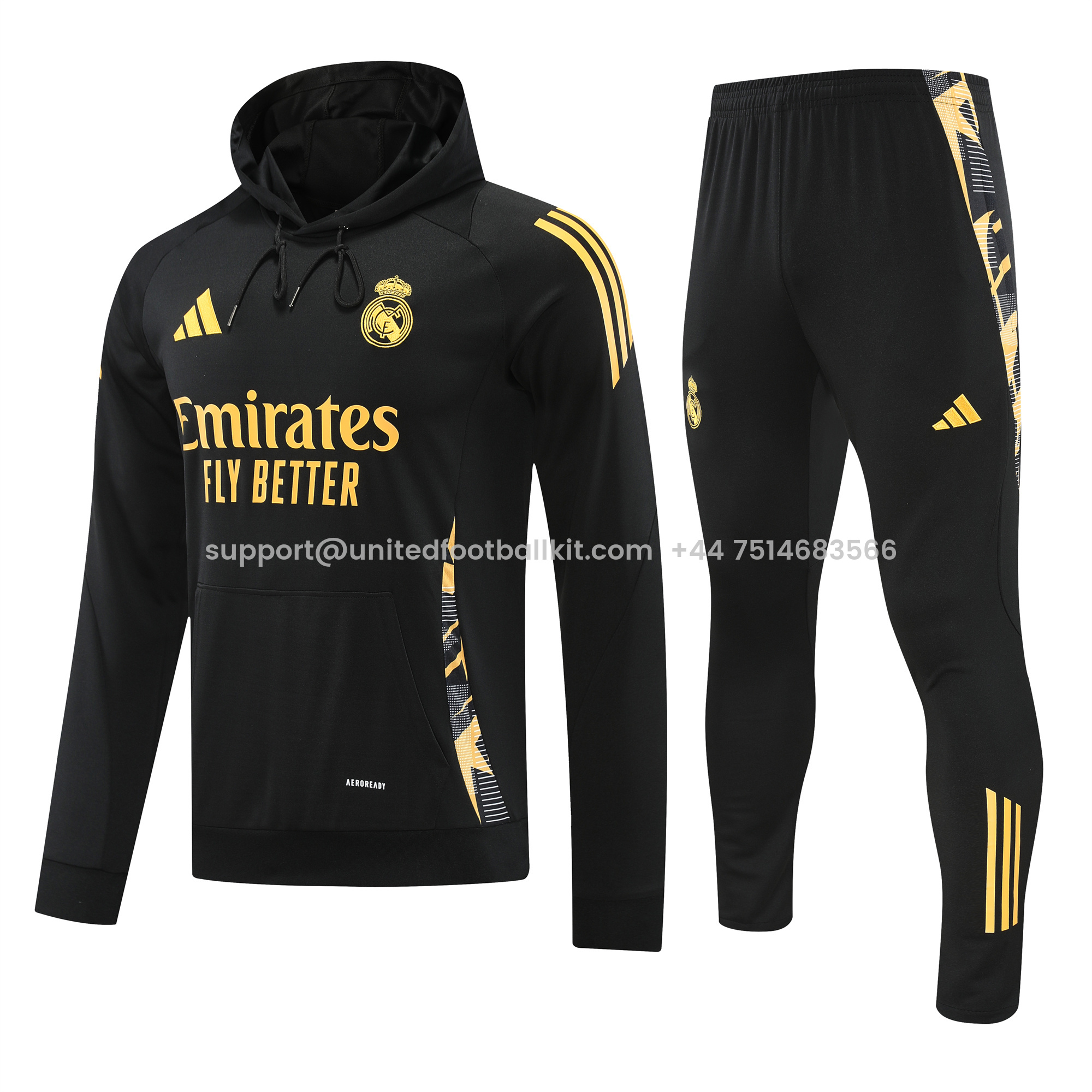 Unitedfootballkit.com | Real Madrid 24-25 Long Sleeve Training Set - Black Gold -Customize Name, Number and Patch | Worldwide Shipping