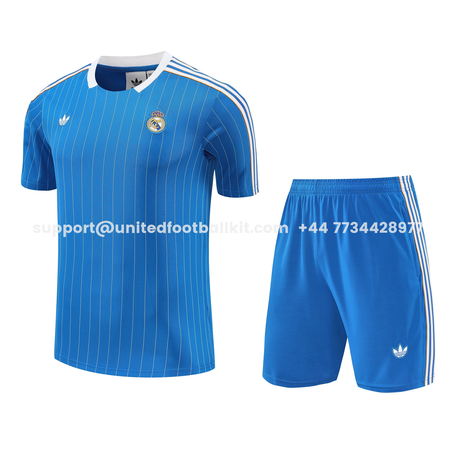 Unitedfootballkit.com | Real Madrid 25-26 Short-Sleeve Training Set - Blue Vest & Blue Shorts -Customize Name, Number and Patch | Worldwide Shipping