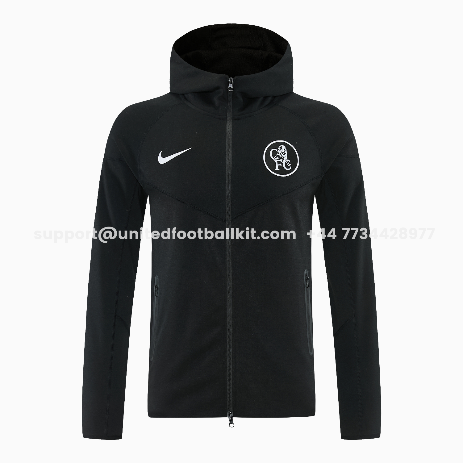 Unitedfootballkit.com | C.H.E.L.S.E.A 2026 Hooded Windbreaker Training Set - Black Top & Pants -Customize Name, Number and Patch | Worldwide Shipping