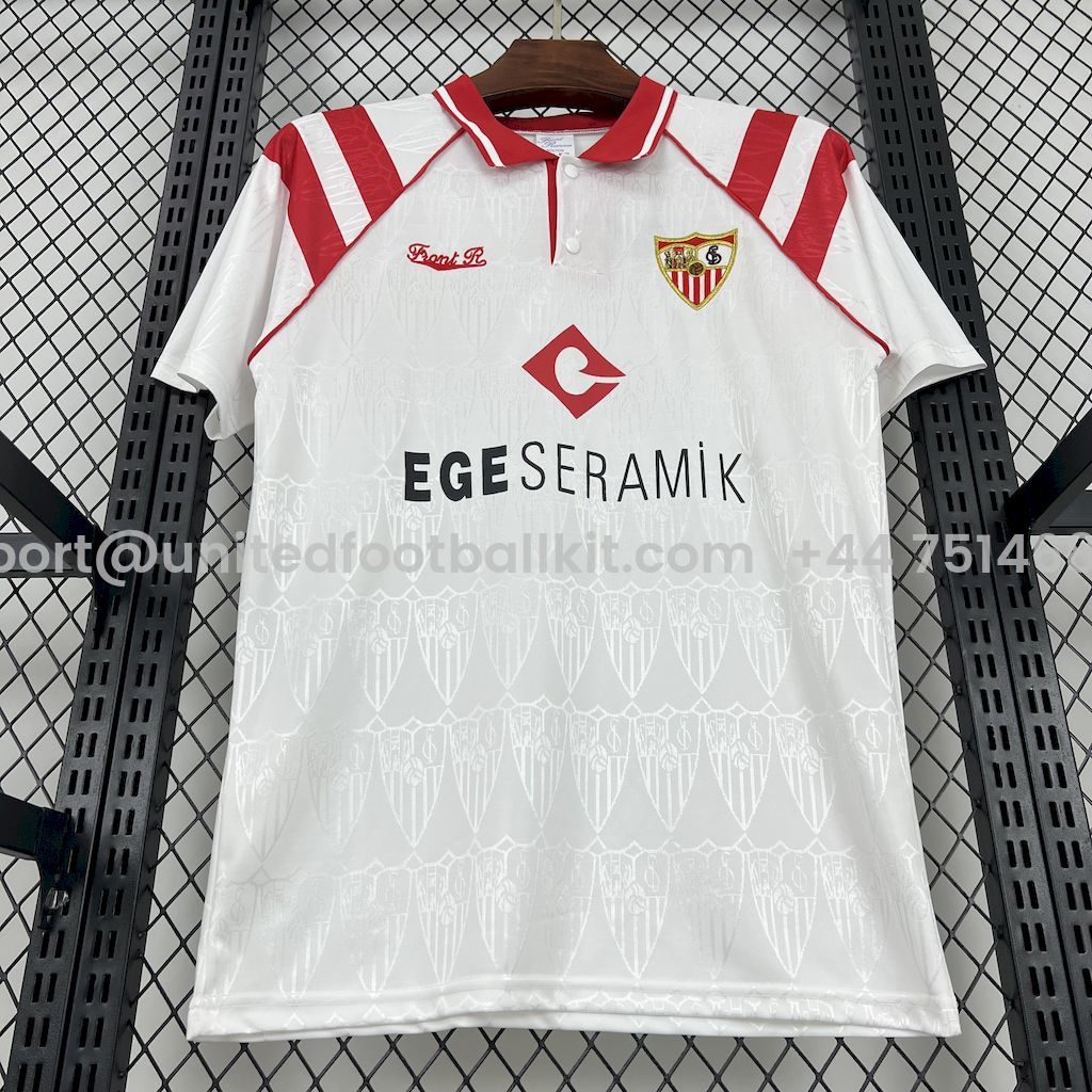 Unitedfootballkit.com | Retro Sevilla FC 1992-93 Home Jersey with Chest Sponsor -Customize Name, Number and Patch | Worldwide Shipping