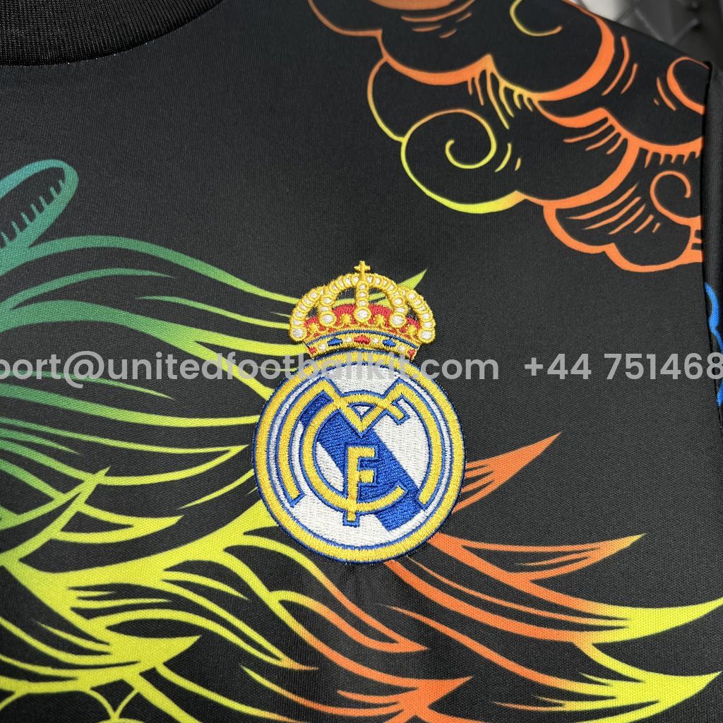 Unitedfootballkit.com | Real Madrid 24-25 Black Colorful Dragon Speical Jersey - Fans Version -Customize Name, Number and Patch | Worldwide Shipping