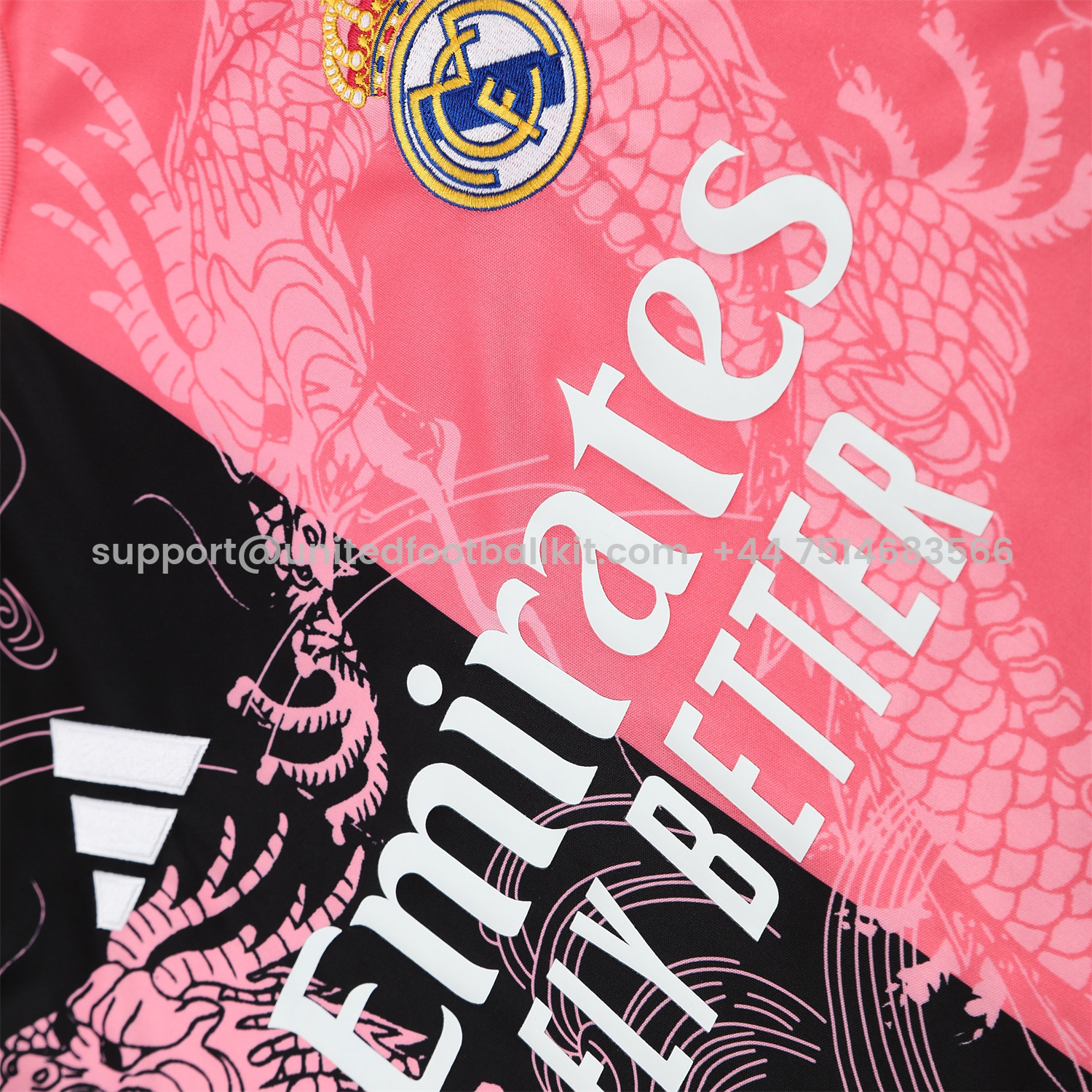 Unitedfootballkit.com | Real Madrid 25-26 Short-Sleeve Training Set - Pink-Black Dragon Top & Black-White Shorts -Customize Name, Number and Patch | Worldwide Shipping