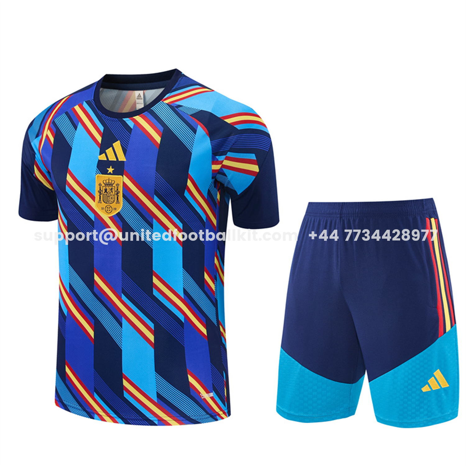 Unitedfootballkit.com | Spain 2026 Short-Sleeve Training Set - Royal Blue And Yellow Top & Royal Blue Shorts -Customize Name, Number and Patch | Worldwide Shipping