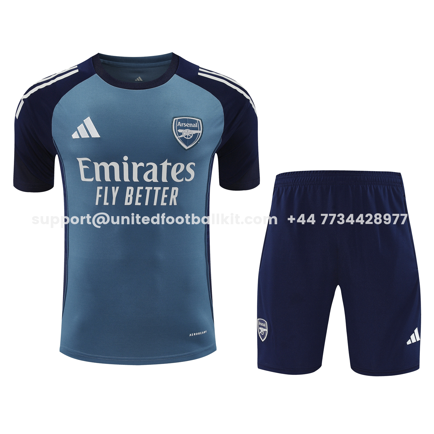 Unitedfootballkit.com | Arsenal 25-26 Short-Sleeve Training Set - Grey Blue Top & Dark Blue Shorts -Customize Name, Number and Patch | Worldwide Shipping