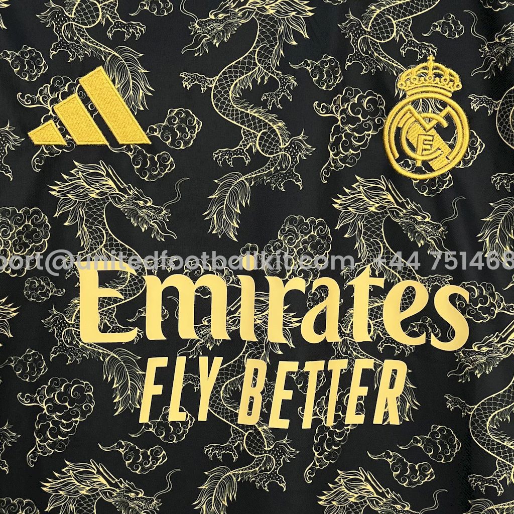 Unitedfootballkit.com | Real Madrid 25-26 Golden Chinese Dragon Pattern Black Jersey - Fans Version -Customize Name, Number and Patch | Worldwide Shipping