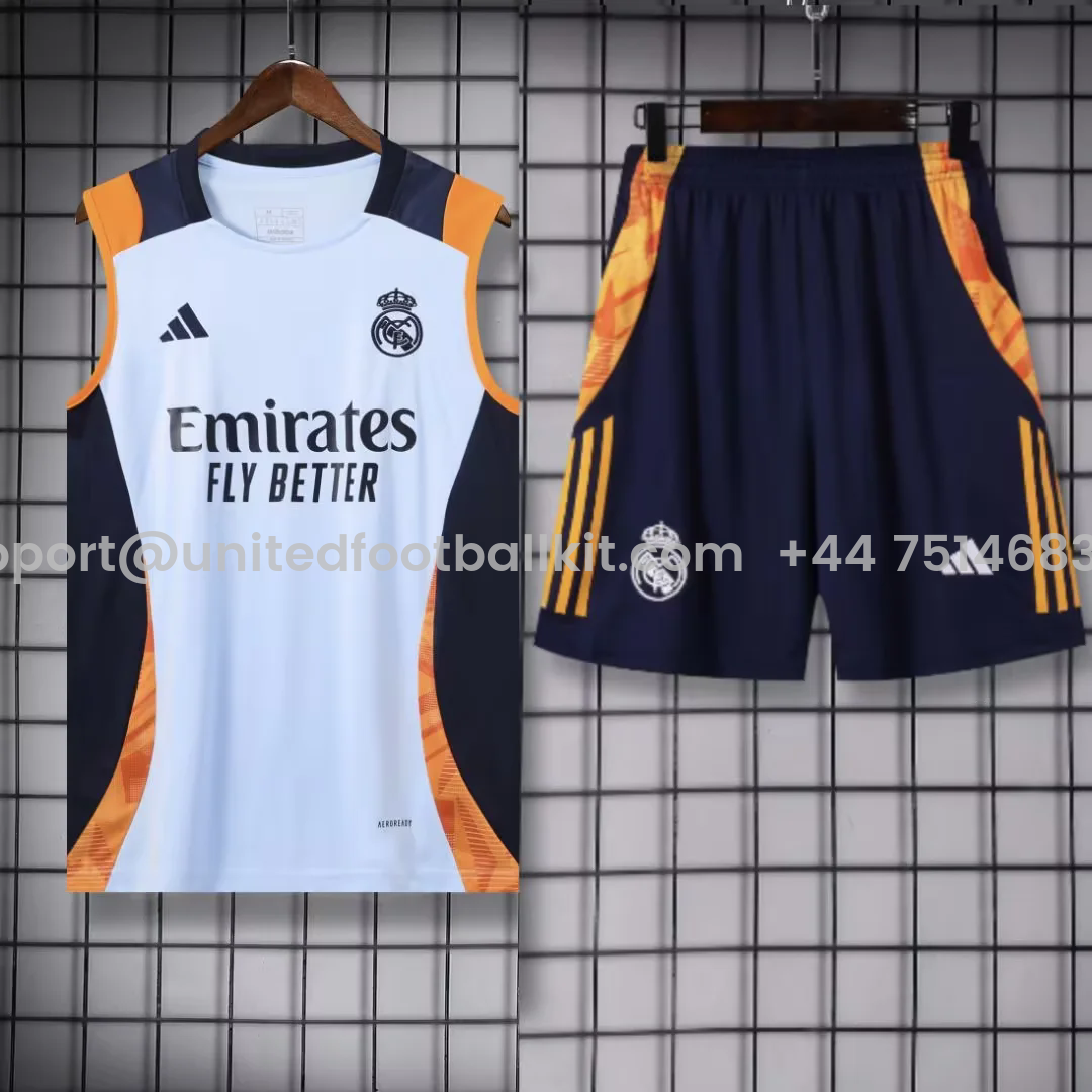 Unitedfootballkit.com | Real Madrid 24-25 Vest Training Set - Light Blue -Customize Name, Number and Patch | Worldwide Shipping