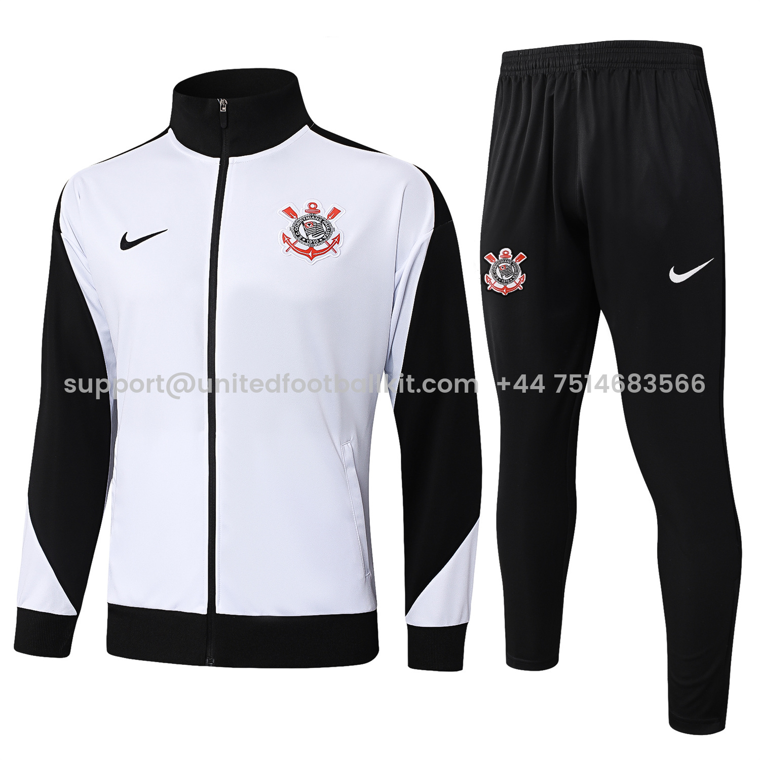 Unitedfootballkit.com | Corinthians 25-26 Jacket Training Tracksuit - White Jackets & Black Pants -Customize Name, Number and Patch | Worldwide Shipping