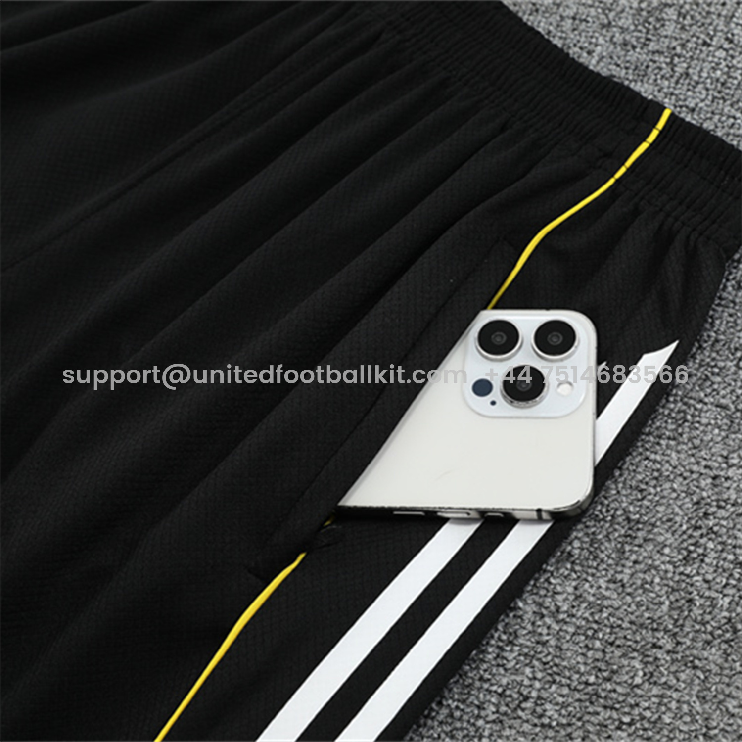 Unitedfootballkit.com | Real Madrid 25-26 Kids Short-Sleeve Training Set - Yellow Line Black Top and Black Shorts -Customize Name, Number and Patch | Worldwide Shipping