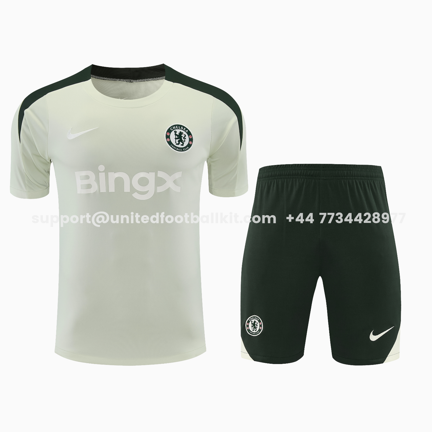 Unitedfootballkit.com | C.H.E.L.S.E.A 25-26 Short-Sleeve Training Set - Light Gray With Dark Green Accents Top & Dark Green Pants -Customize Name, Number and Patch | Worldwide Shipping