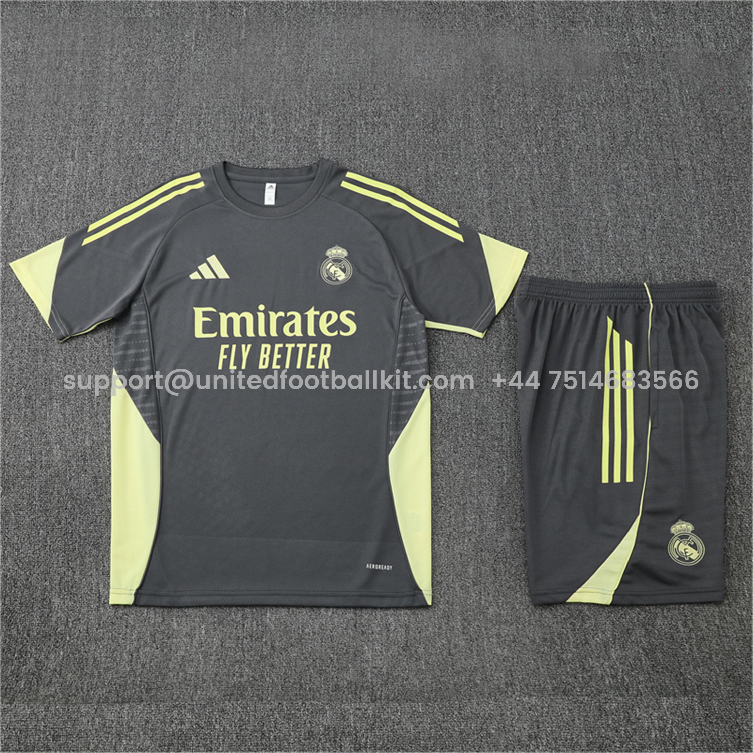 Unitedfootballkit.com | Real Madrid 25-26 Short-Sleeve Training Set - Deep Grey Top and Shorts -Customize Name, Number and Patch | Worldwide Shipping
