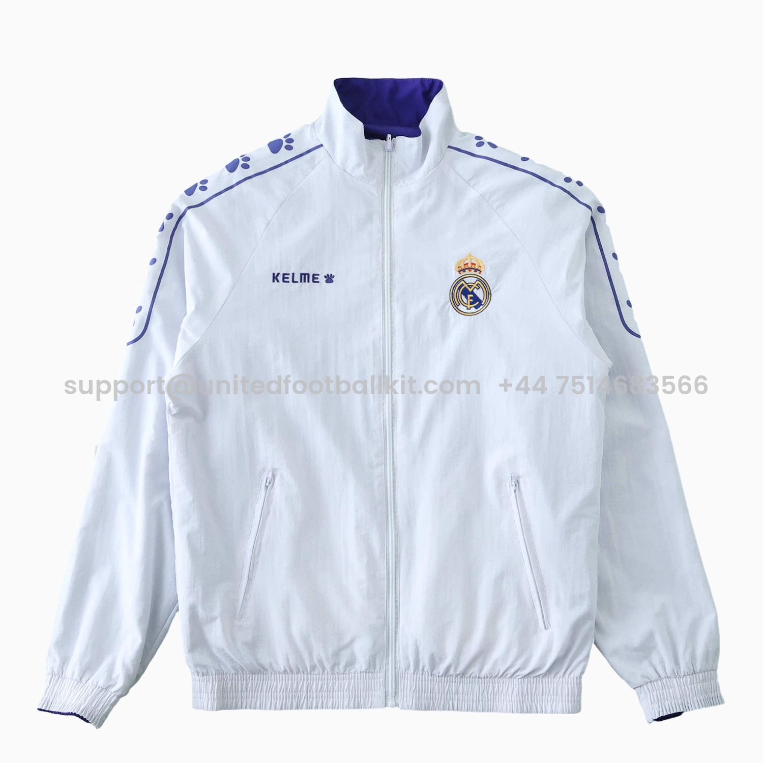 Unitedfootballkit.com | Retro Real Madrid 1995-96 Home & Away Double Sided Reversible Windbreaker - White & Purple -Customize Name, Number and Patch | Worldwide Shipping