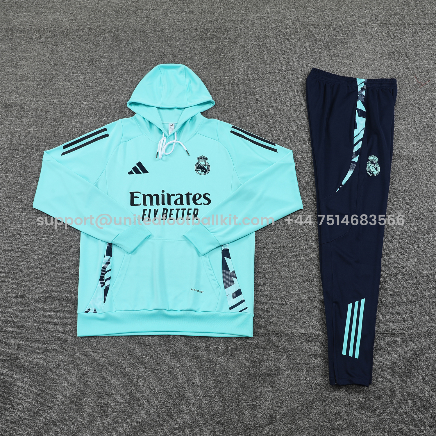 Unitedfootballkit.com | Real Madrid 24-25 Training Hoodie Set - Cyan Hoodie and Deep Blue Pants -Customize Name, Number and Patch | Worldwide Shipping