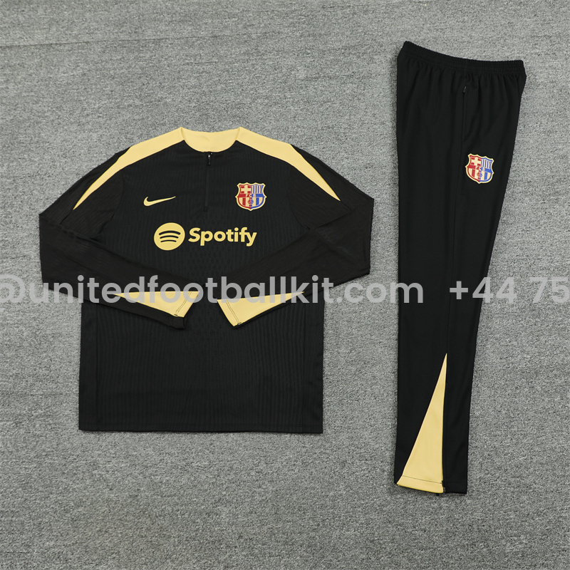 Unitedfootballkit.com | Barcelona 24-25 Kids Long Sleeve Training Set - Player Version - Black Gold -Customize Name, Number and Patch | Worldwide Shipping