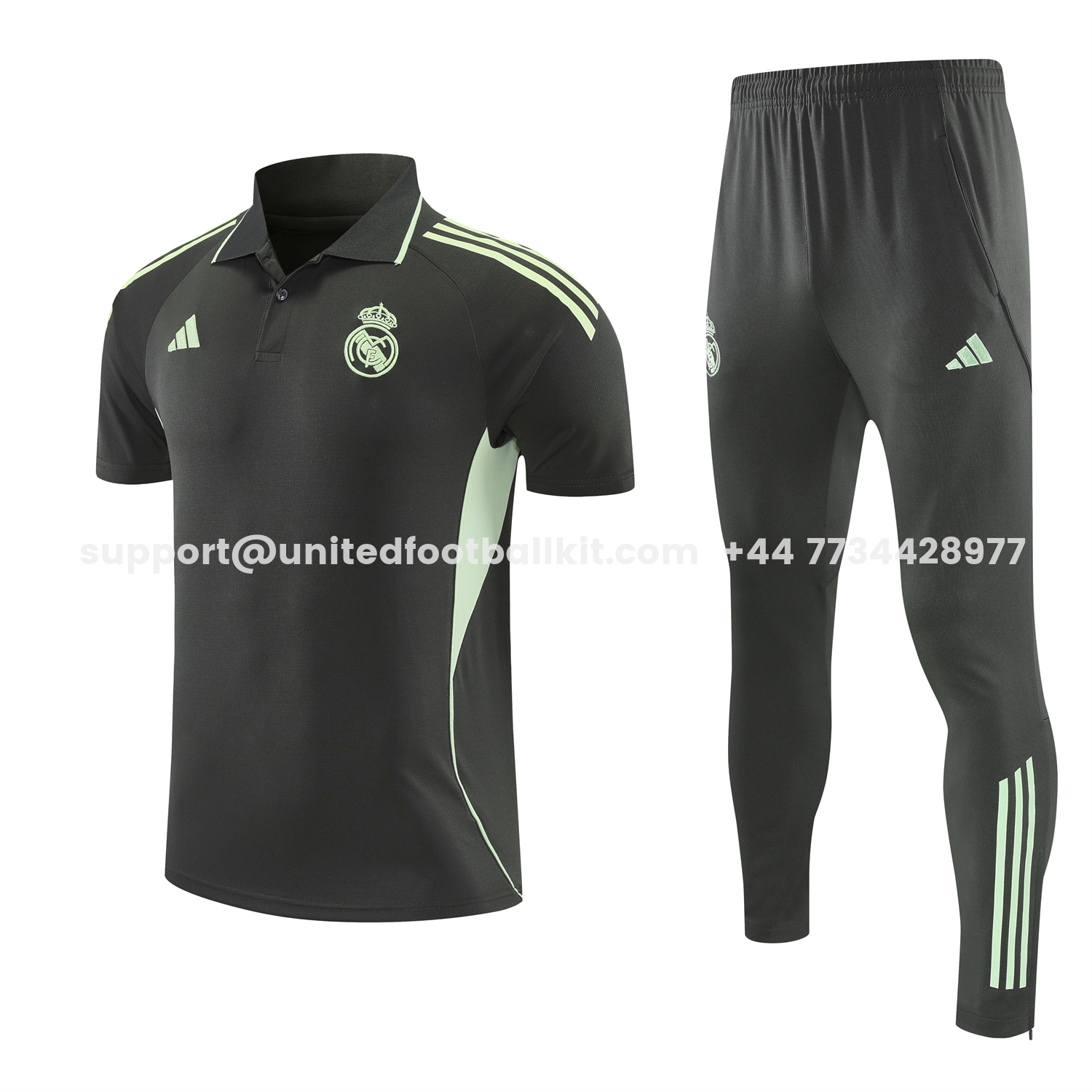 Unitedfootballkit.com | Real Madrid 25-26 POLO Short-Sleeve Training Set - Dark Grey Top and Pants -Customize Name, Number and Patch | Worldwide Shipping