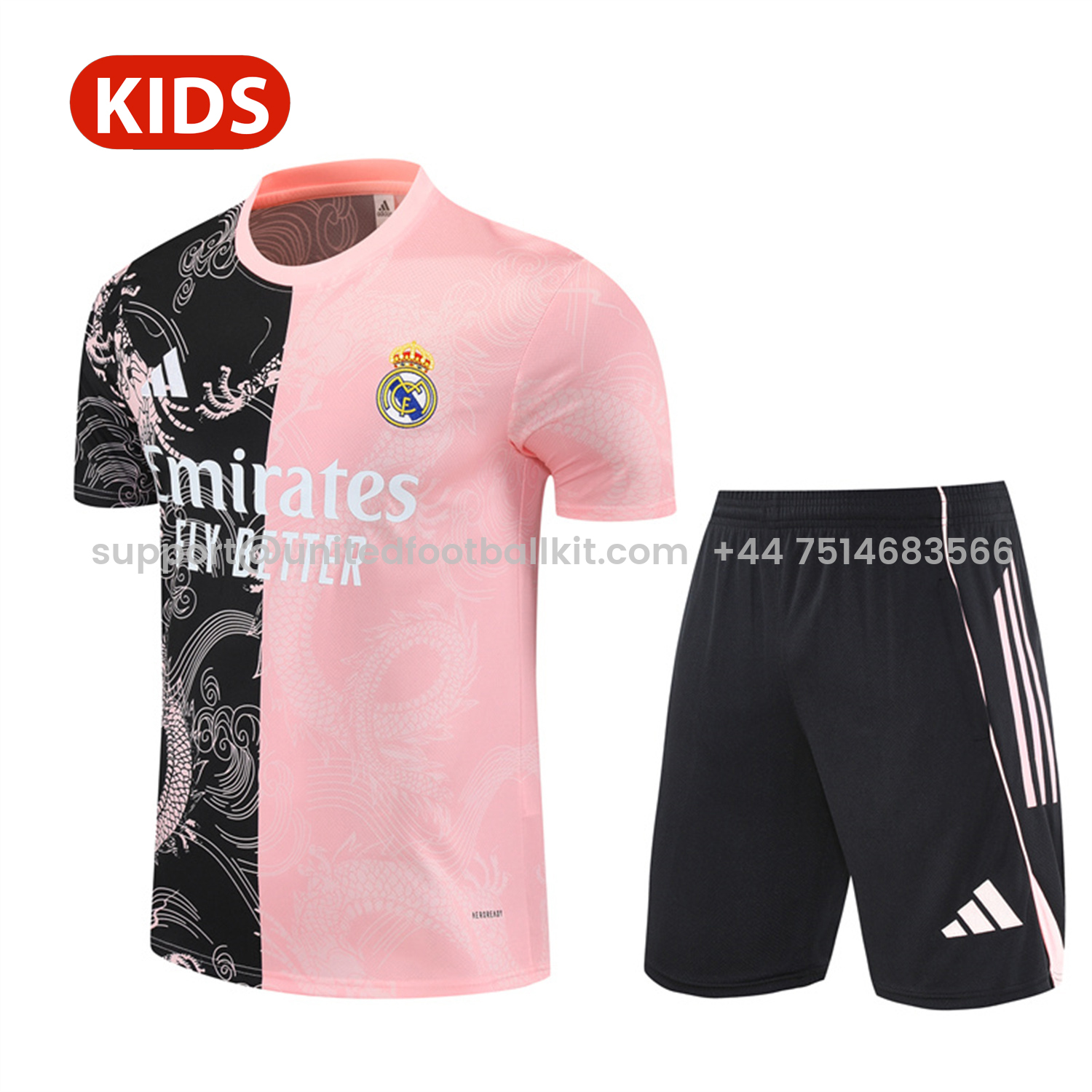 Unitedfootballkit.com | Real Madrid 25-26 Kid Short-Sleeve Training Set - Pink Black Top & Black Shorts -Customize Name, Number and Patch | Worldwide Shipping