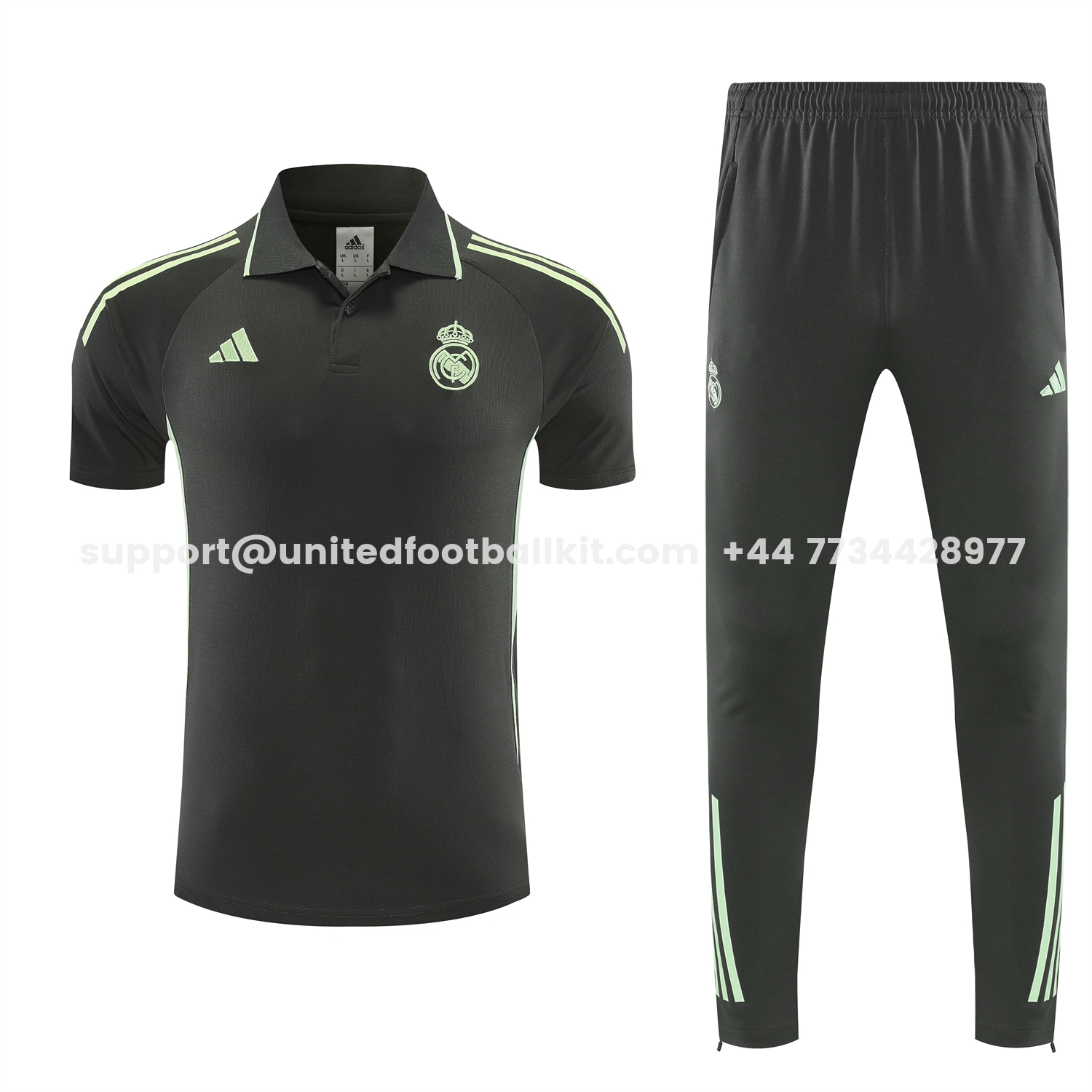 Unitedfootballkit.com | Real Madrid 25-26 POLO Short-Sleeve Training Set - Dark Grey Top and Pants -Customize Name, Number and Patch | Worldwide Shipping