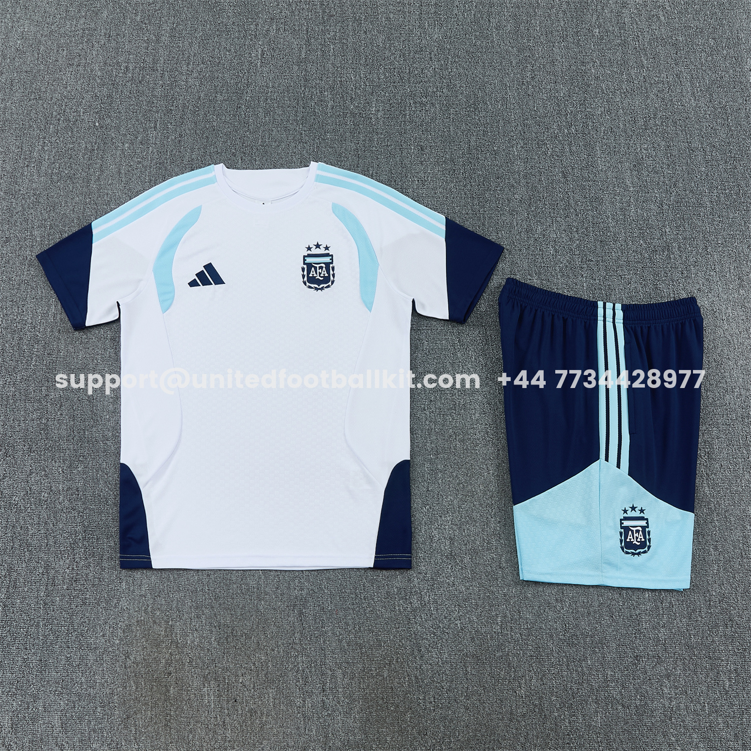 Unitedfootballkit.com | Argentina 2026 Short-Sleeve Training Set - White Top and Dark Blue Shorts -Customize Name, Number and Patch | Worldwide Shipping