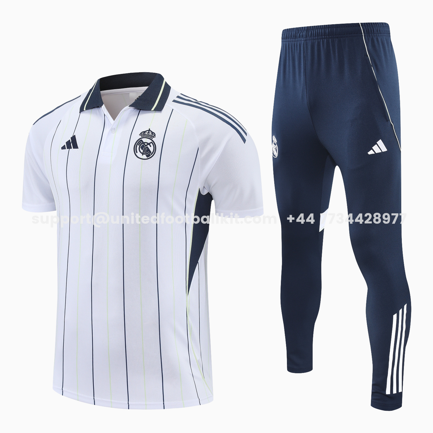 Unitedfootballkit.com | Real Madrid 25-26 POLO Short-Sleeve Training Set - Black Line White Top and Black Pants -Customize Name, Number and Patch | Worldwide Shipping