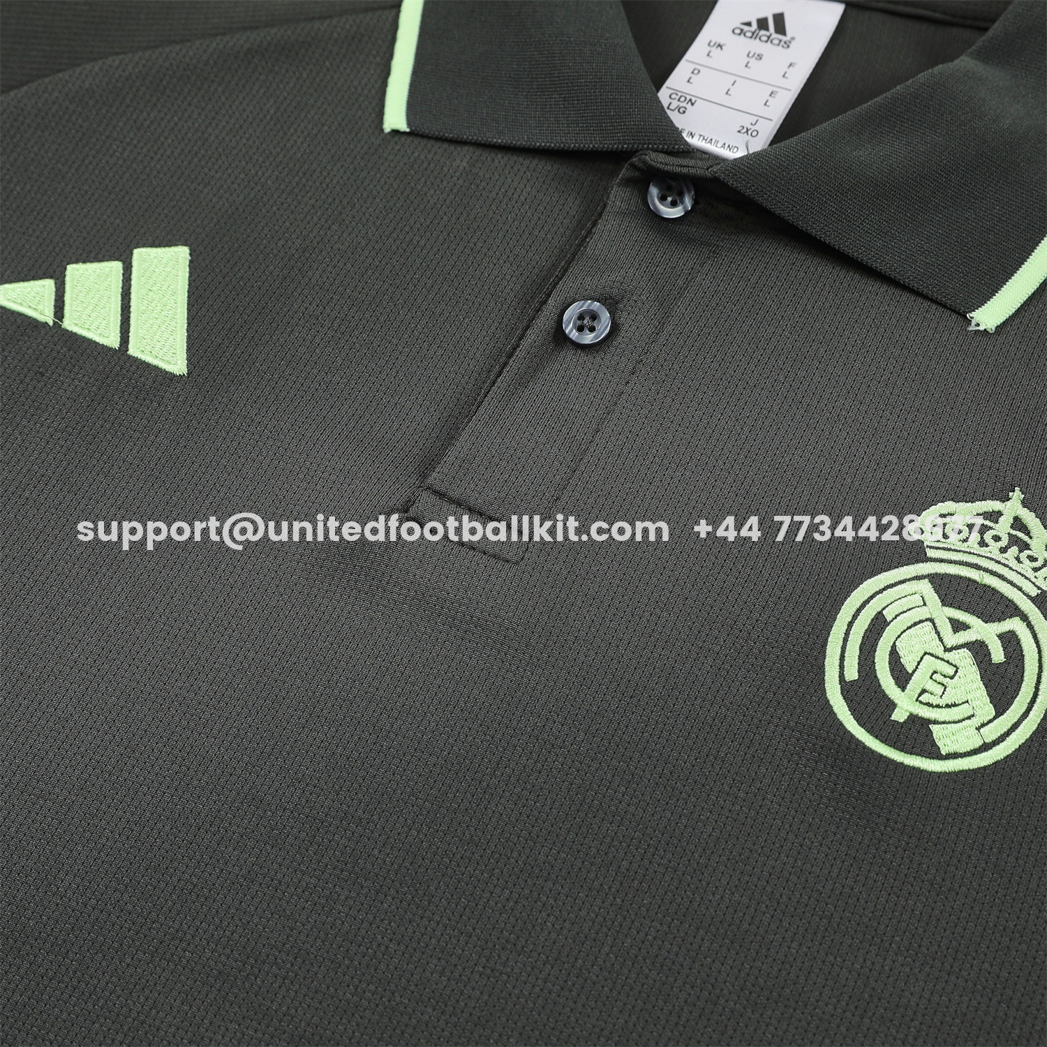 Unitedfootballkit.com | Real Madrid 25-26 POLO Short-Sleeve Training Set - Dark Grey Top and Pants -Customize Name, Number and Patch | Worldwide Shipping