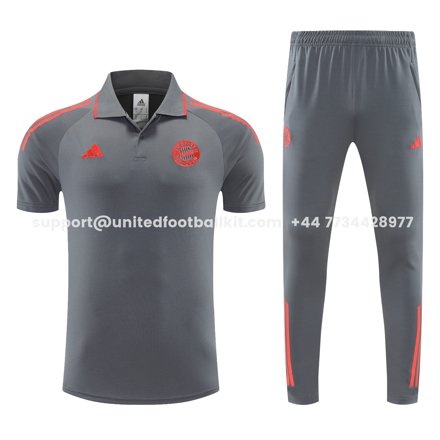 Unitedfootballkit.com | Bayern Munich 25-26 POLO Short-Sleeve Training Set - Deep Grey With Red Top and Pants -Customize Name, Number and Patch | Worldwide Shipping